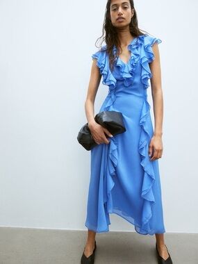H&M Blue Ruffle Midi Dress - ( with imperfection) see photos  Sz Small